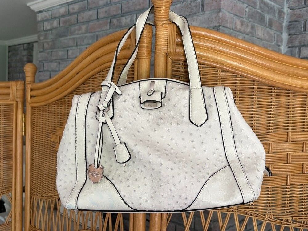 London Fog White Ostrich Texture Satchel Handbag Purse Shoulder Bag